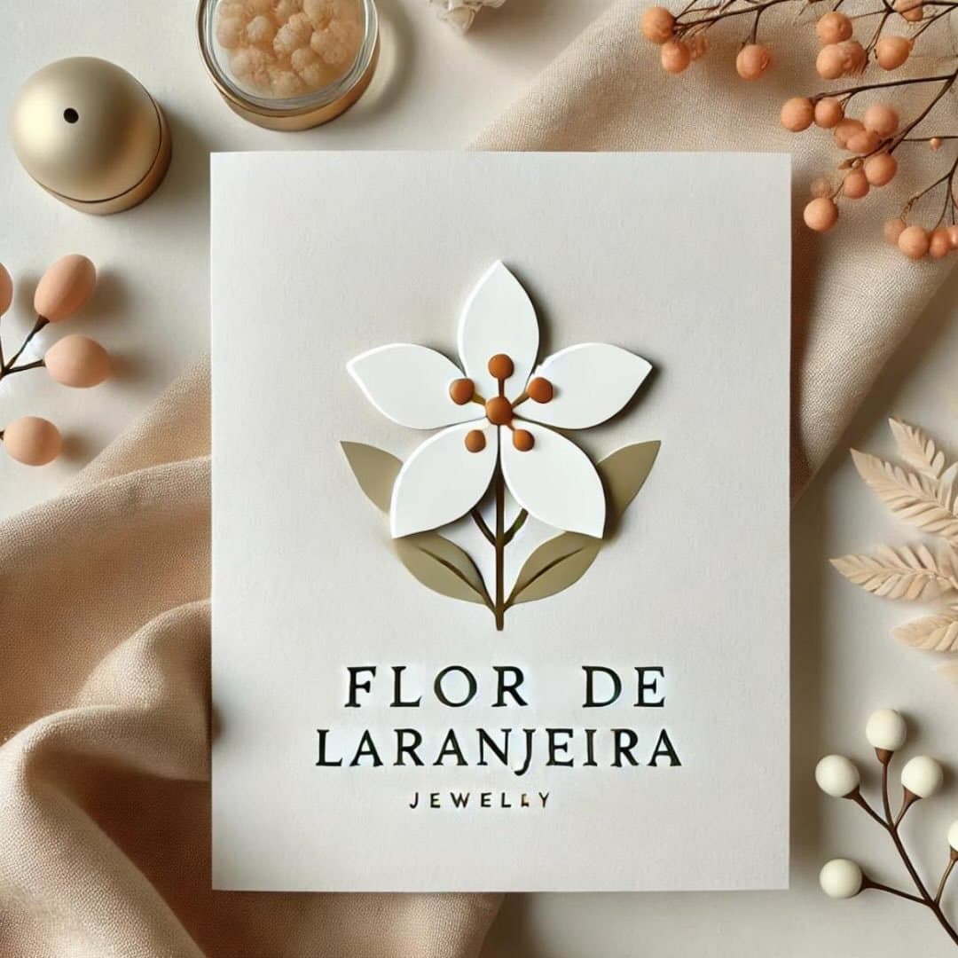 Flor de Laranjeira — flor de laranjeira em papel sobre cartão, com o nome da marca